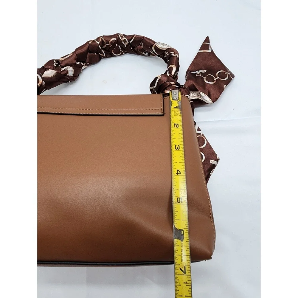 NWT Nicole Miller New York Womens Leather Shoulder Bag Tan Scarf Accent Medium